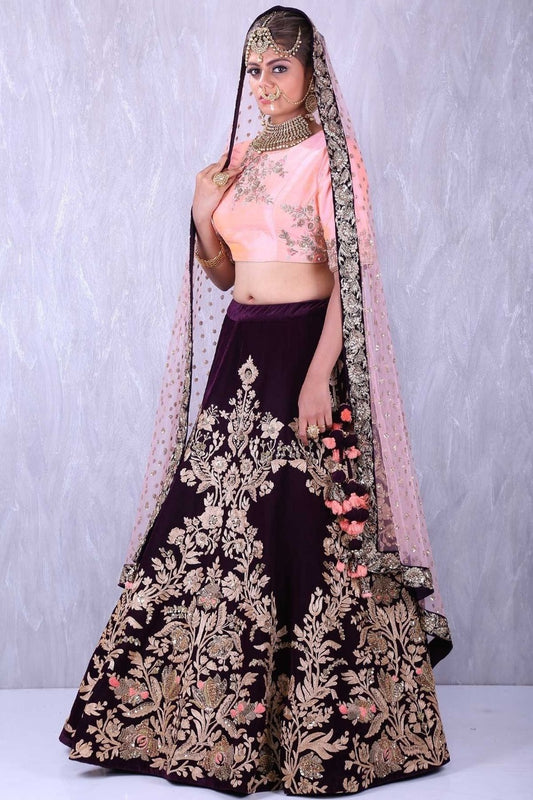 Wondrous Pink Color Wedding Wear Embroidered Work Velvet Lehenge Choli