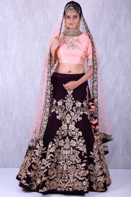 Wondrous Pink Color Wedding Wear Embroidered Work Velvet Lehenge Choli