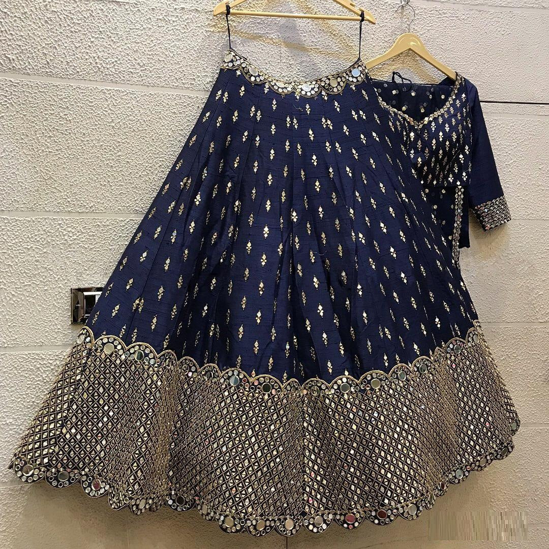 Wedding Wear Blue Color Real Mirror Work Lehenga Choli
