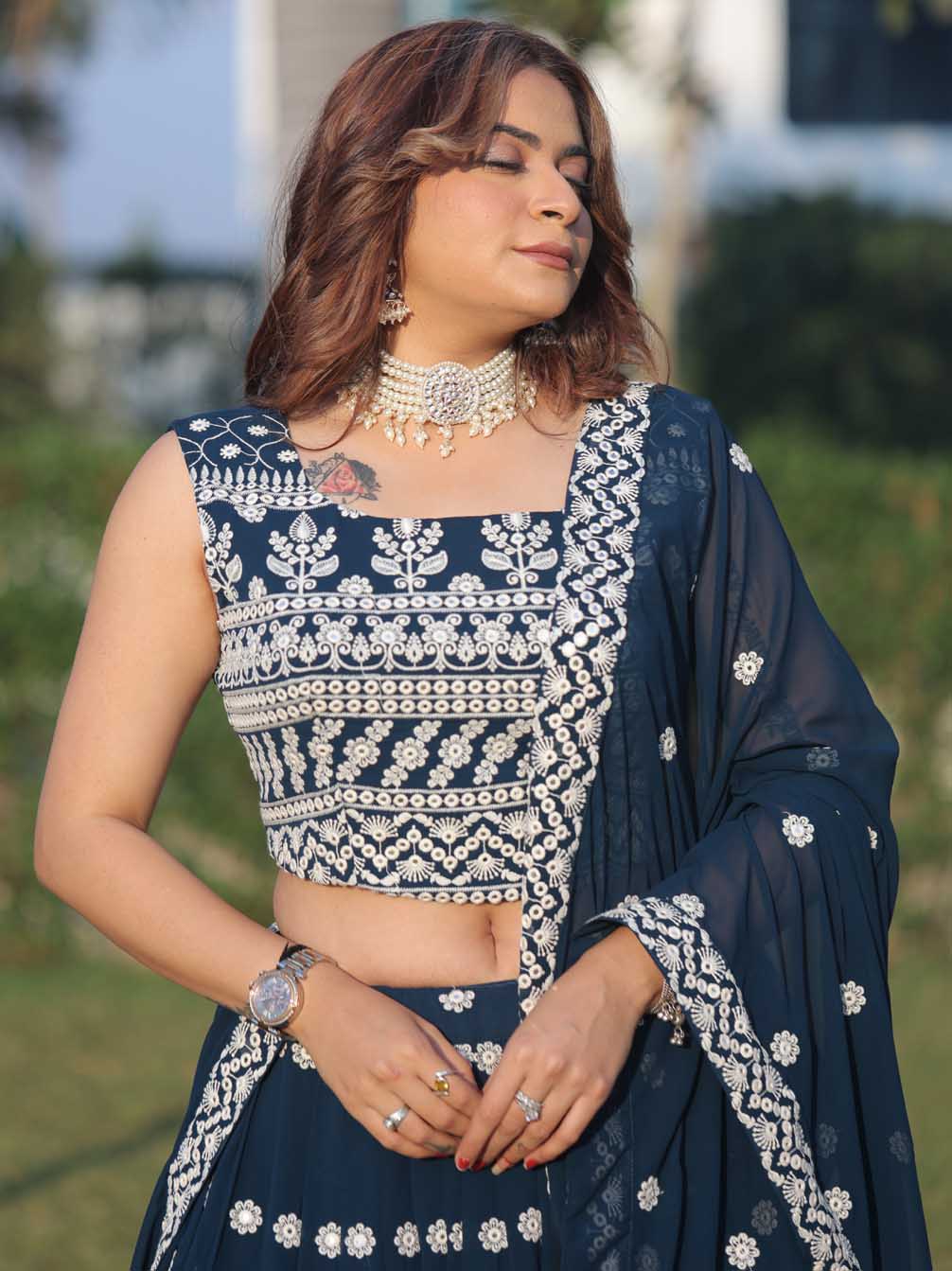 Function Wear Georgette Embroidery Mirror work Designer Lehenga choli