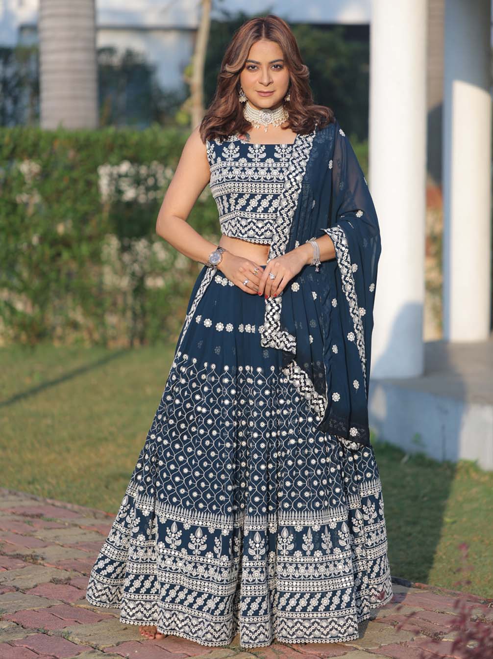 Function Wear Georgette Embroidery Mirror work Designer Lehenga choli