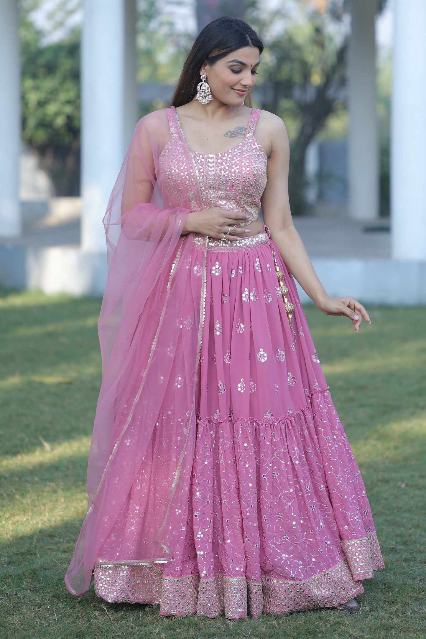 Wedding Wear Pink color Mirror work Semi Stitched Lehenga choli for Women
