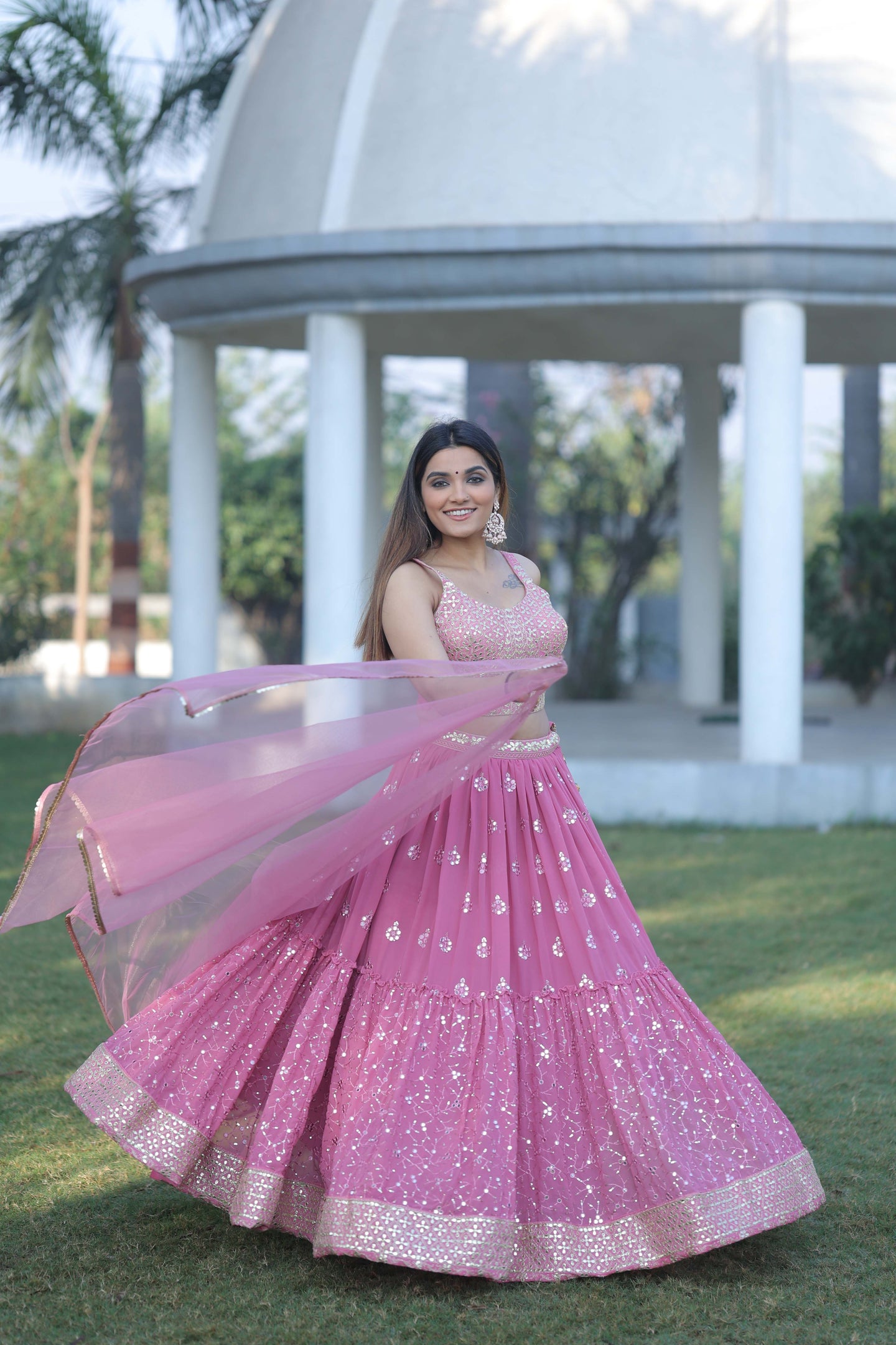 Wedding Wear Pink color Mirror work Semi Stitched Lehenga choli for Women