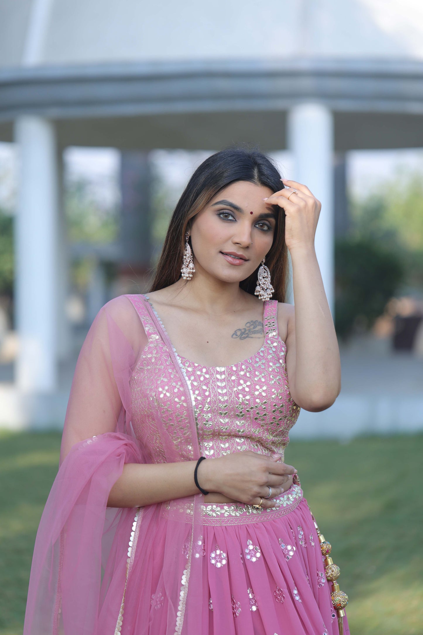 Wedding Wear Pink color Mirror work Semi Stitched Lehenga choli for Women