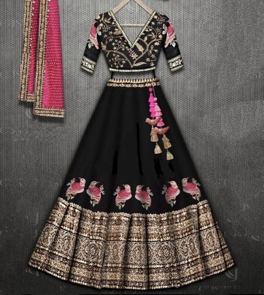 Classic Black Color Silk Embroidered Sequence Work Lehenga Choli For Party Wear