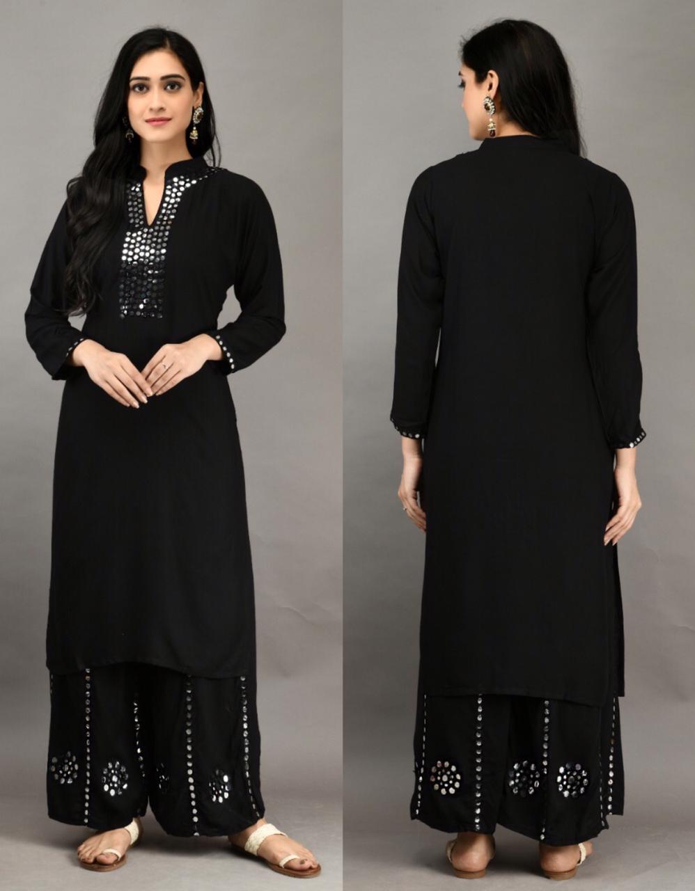 Prodigious Black Color Embroidered Work Rayon Ready Made Plazo Kurti