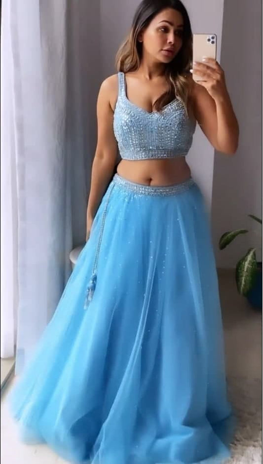 Adorable Sky Blue Color Function Wear Net Sequence Work Lehenga Choli