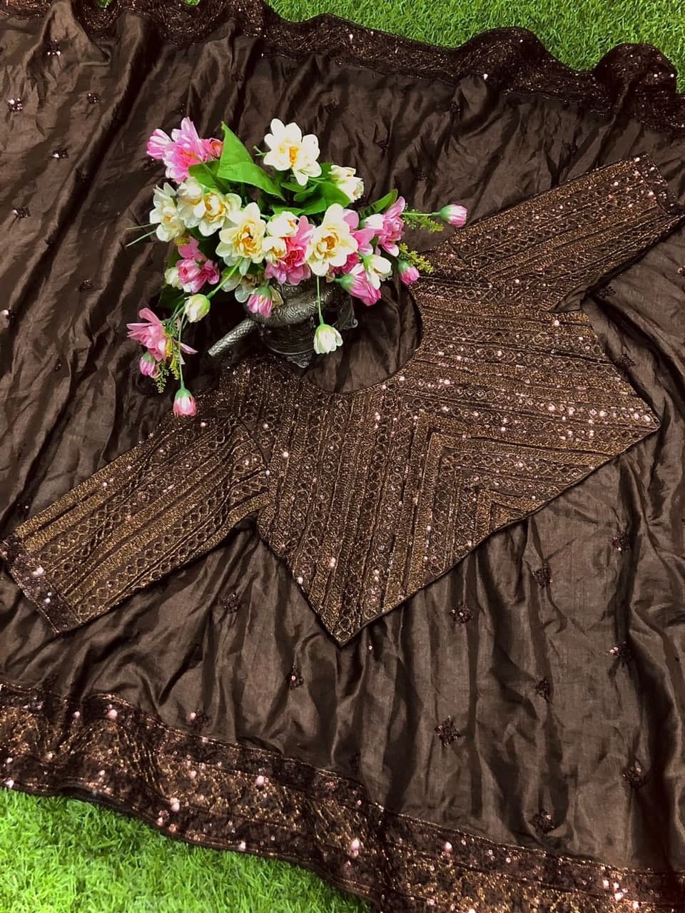 Enamoring Brown Color party Wear Sequence Zari Work Lace Dola Silk Saree Blouse