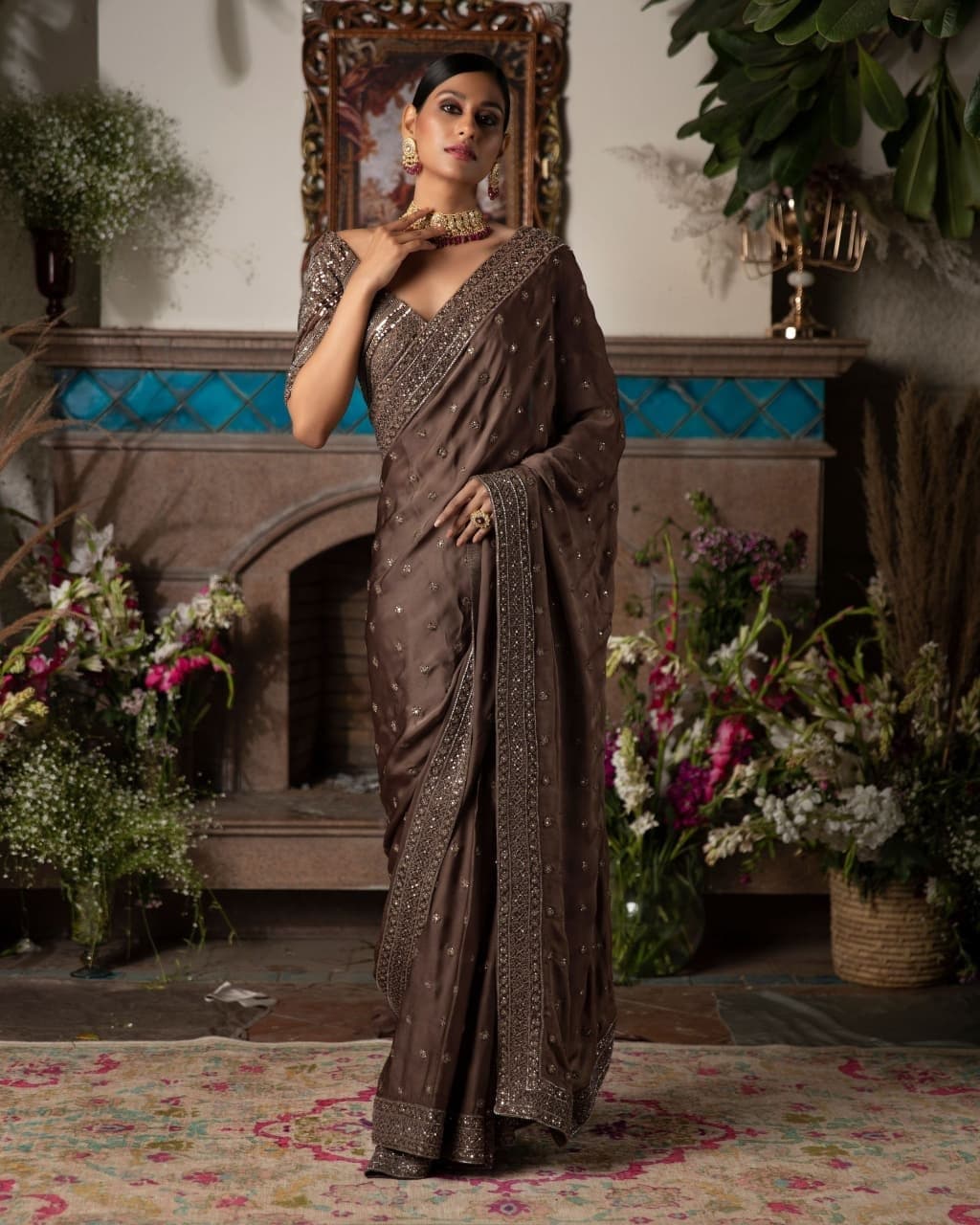 Enamoring Brown Color party Wear Sequence Zari Work Lace Dola Silk Saree Blouse