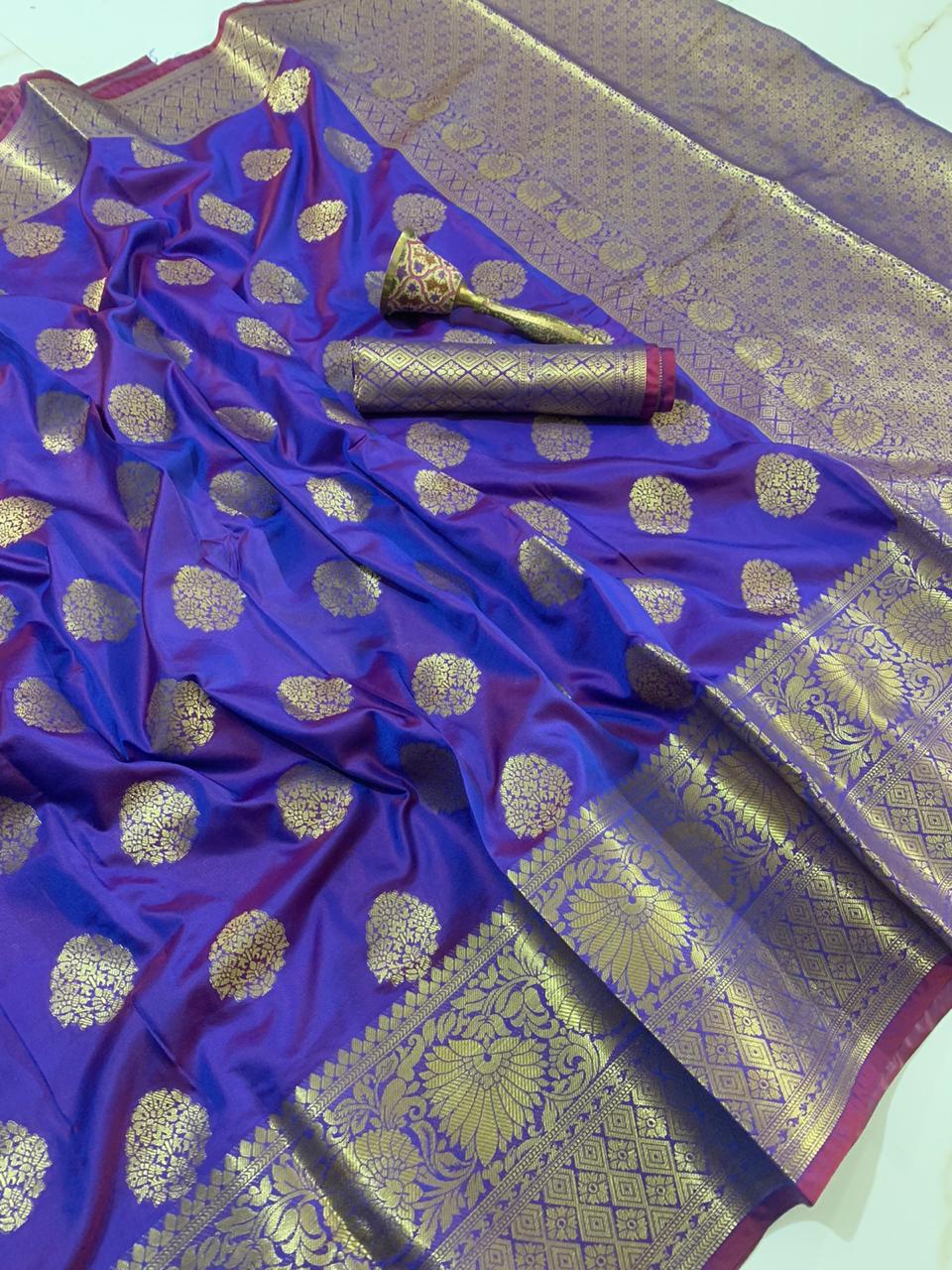 Fantastic Dark Blue Color Beautiful Silk Banarasi Function Wear All Over Zari Weaving Grand Pallu Saree Blouse
