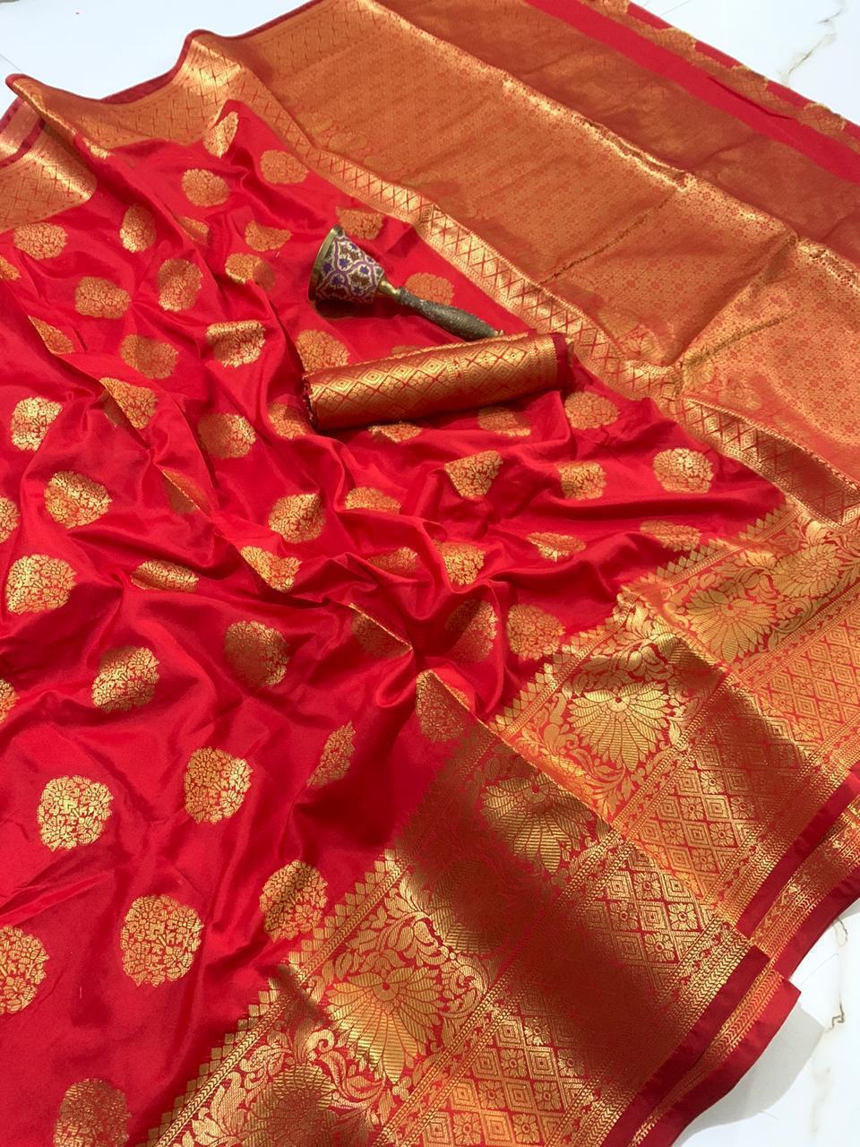 Remarkable Red Color All Over Zari Weaving Design Silk Banarasi Occasion Wear Saree Blouse