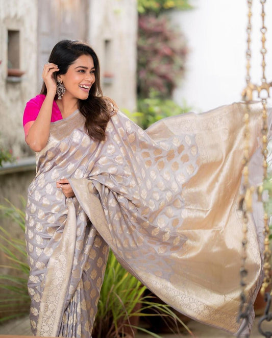 Graceful Off White Color Weaving Work Kanchipura Saree Blouse For Women
