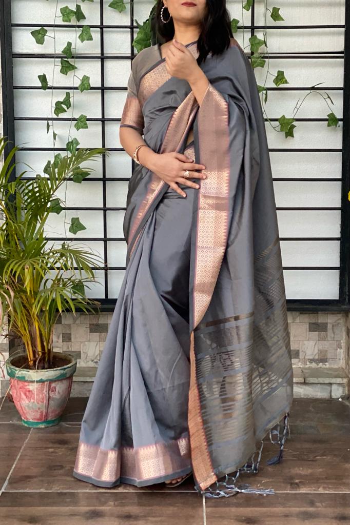 Gorgeous Grey Color Festival Wear Jacquard Design Kanjivaram Silk Saree Blouse