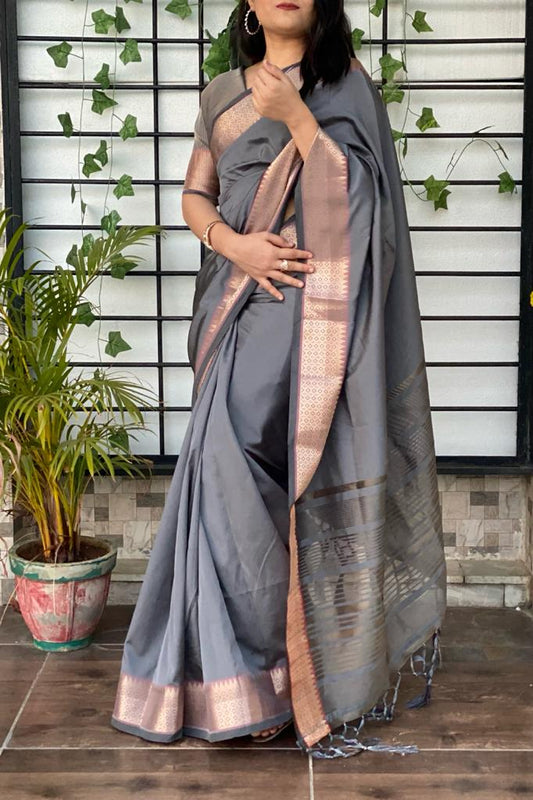 Gorgeous Grey Color Festival Wear Jacquard Design Kanjivaram Silk Saree Blouse
