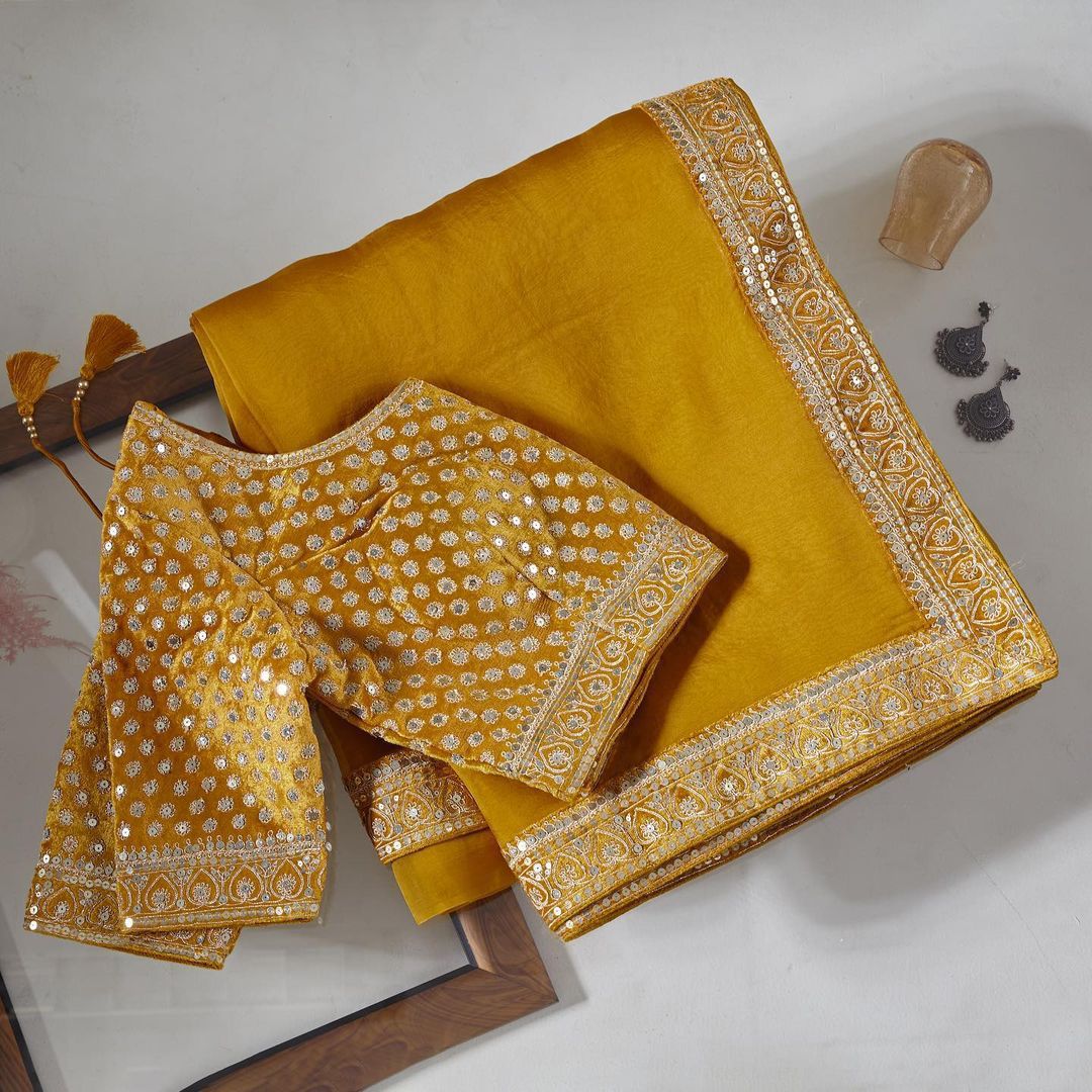 Charming Mustard Color Silk Organza Coding Sequence Work Saree Blouse