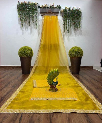 Charming Mustard Color Silk Organza Coding Sequence Work Saree Blouse