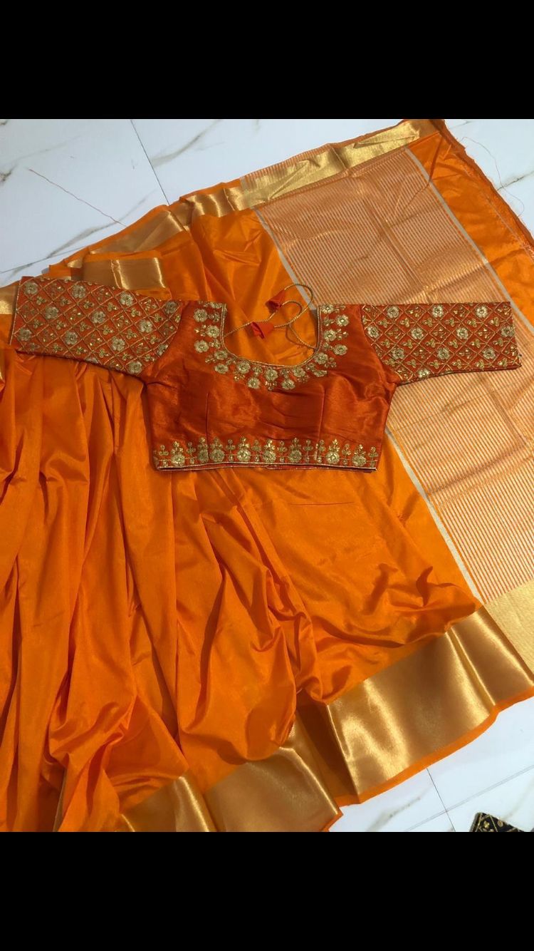 Flaunt Orange Color Party Wear Silk Tussar Design Chit Pallu Saree Blouse