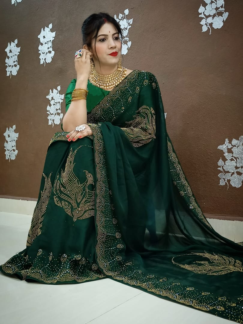 Awesome Chiffon Silk Heavy Diamond Work Party Wear Designer Saree Blouse