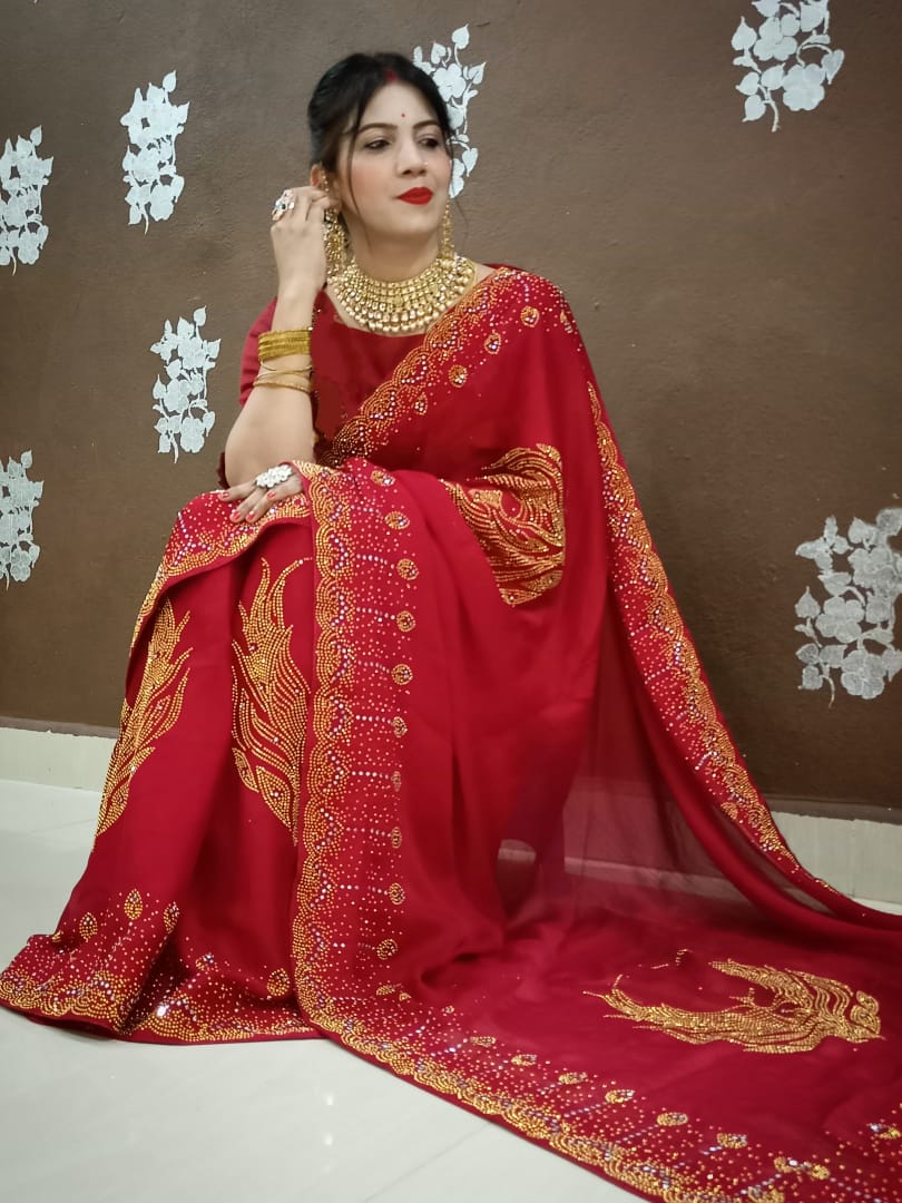 Awesome Chiffon Silk Heavy Diamond Work Party Wear Designer Saree Blouse