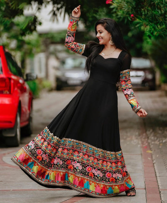 Black Blooming Colored Designer Party wear Embroidered Georgette Stitched Gown