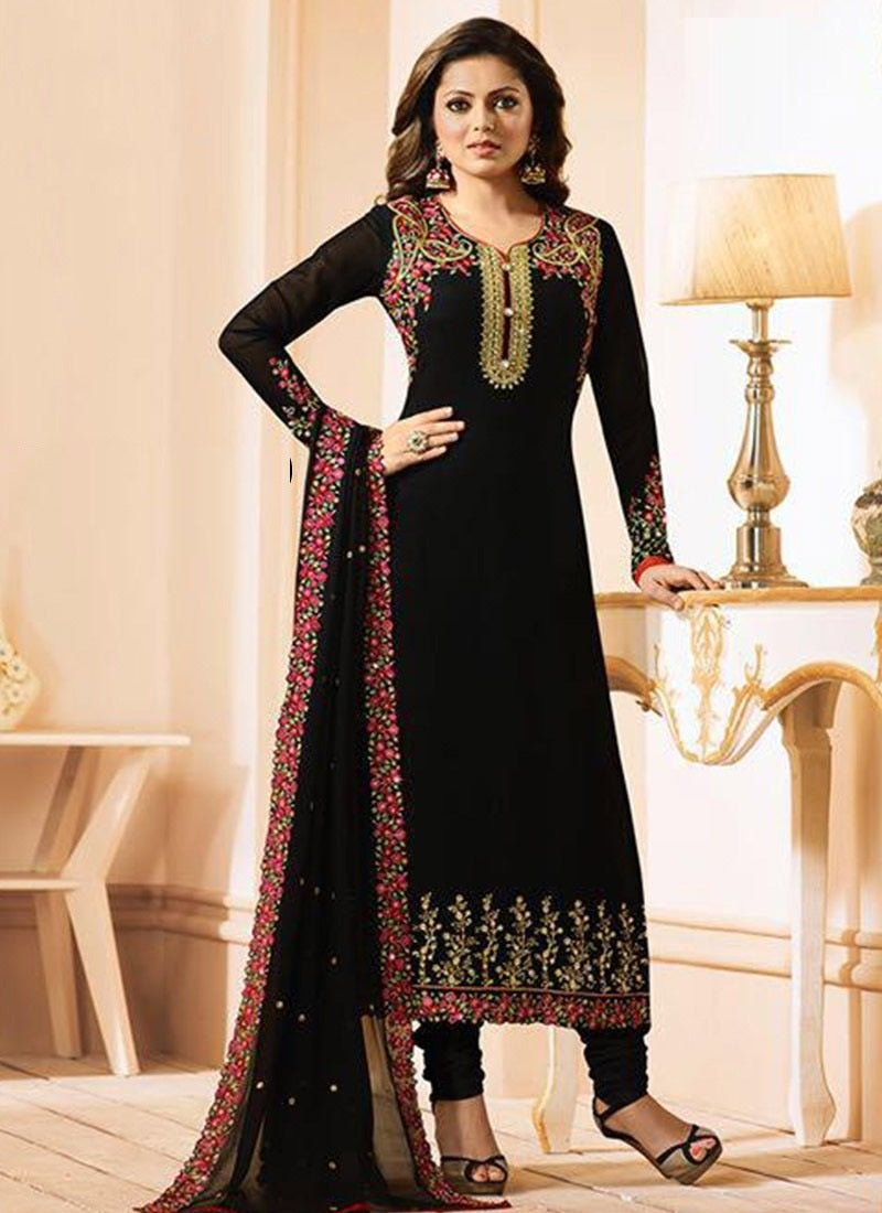 Wedding Wear Black Georgette Embroidered Straight Cut Salwar Suit
