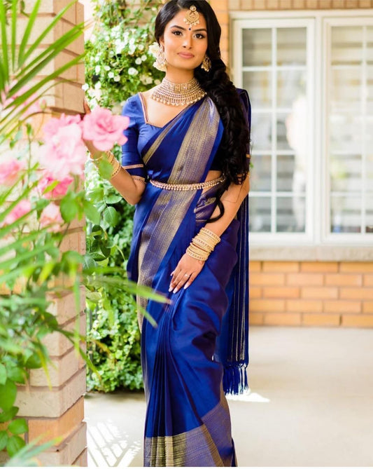 Wonderful Blue Color Kanchipuram Weaving Work Party Wear Saree Blouse