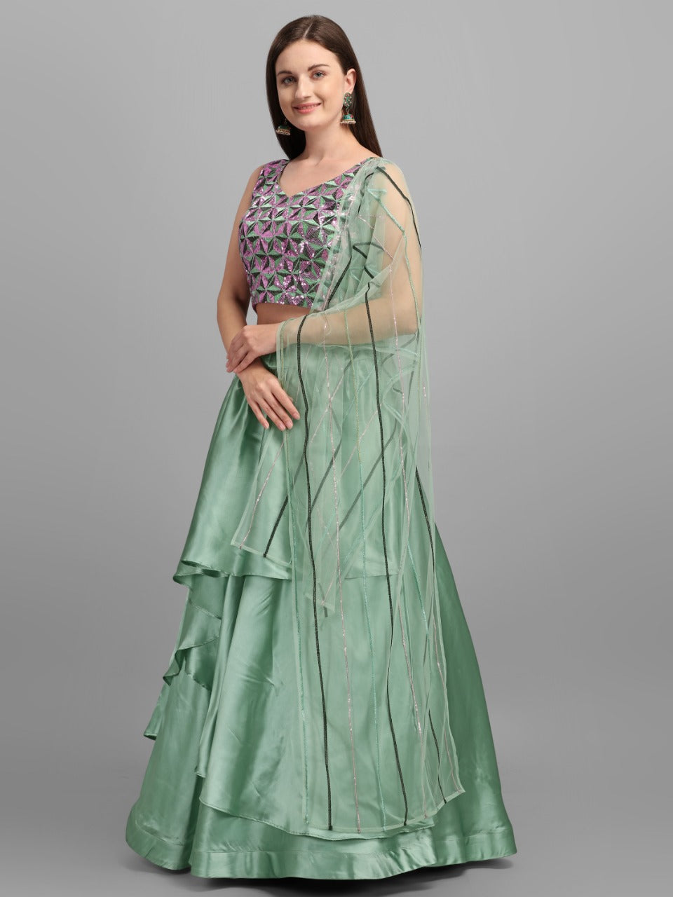 Striking Sea Green Color Wedding Wear American Satin Sequence Work Lehenga Choli