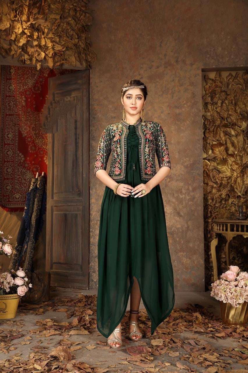 Eye-catching Bottle Green Color Wedding Wear Embroidered Work Designer Faux Georgette Jacket With Kurti