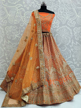 Load image into Gallery viewer, Bridal Wear Orange Color Designer Soft Net Zari Diamond Thread Embroidered Work Indian Wear Lehenga Choli
