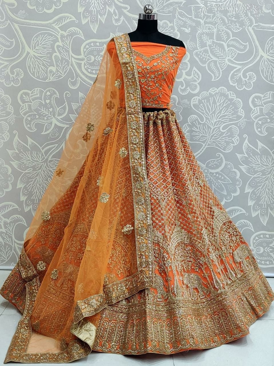 Bridal Wear Orange Color Designer Soft Net Zari Diamond Thread Embroidered Work Indian Wear Lehenga Choli
