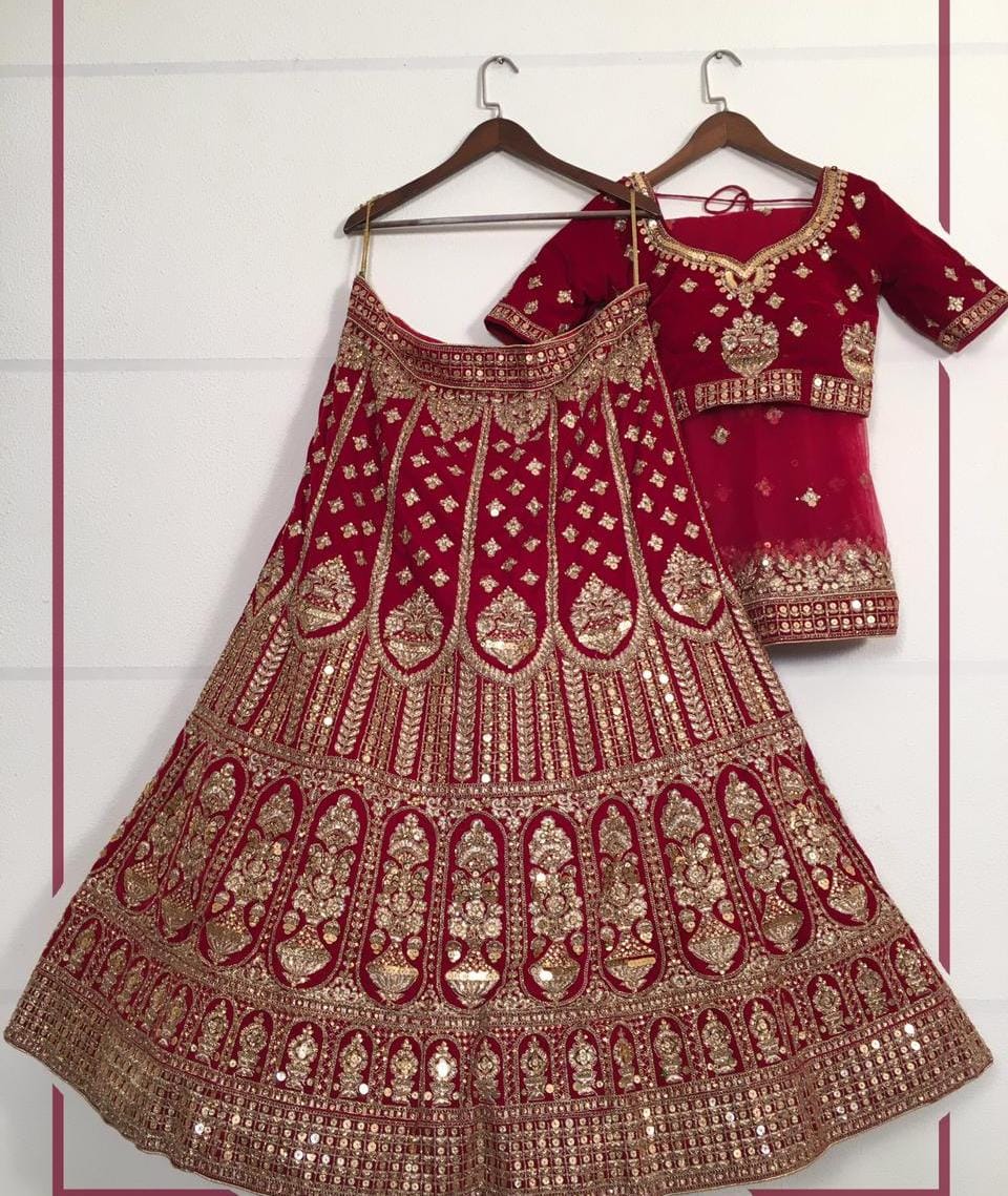 Bridal Wear Maroon Color Sequence Thread Stone Zari Embroidered Fancy Work Velvet Lehenga Choli