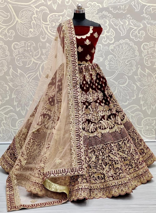 Lovely Velvet Wedding Wear Zari Thread Diamond Embroidered Work Lehenga Choli