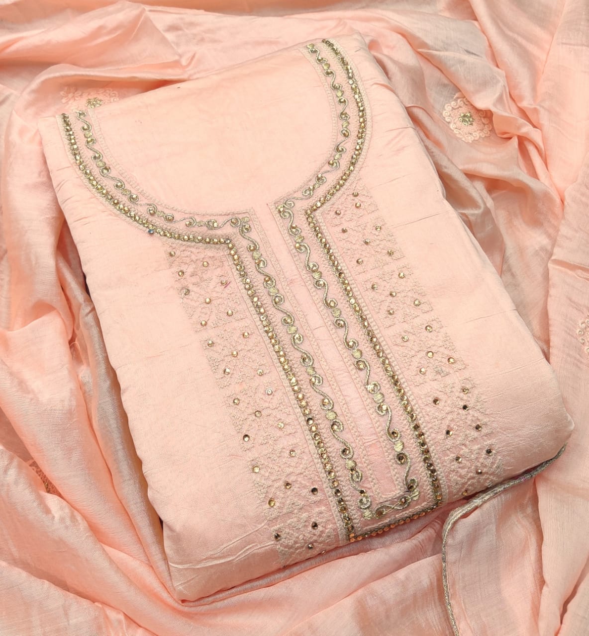 Delightful Peach Color Chanderi Stone Embroidered Work Salwar Suit