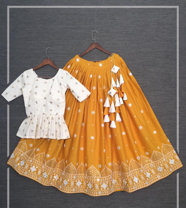 Majesty Mustard Color Cotton Lucknowi Designer Work Lehenga Choli For Women
