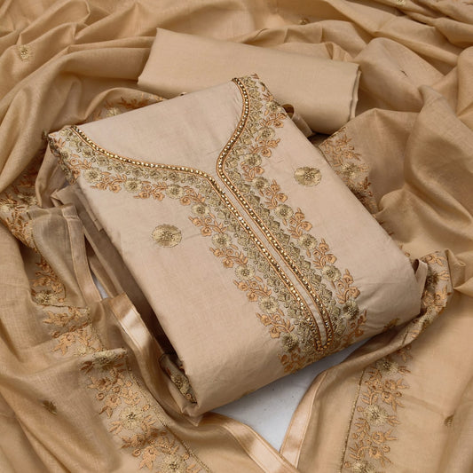 Thrilling Beige Color Cotton Embroidered Work Regular Wear Salwar Suit