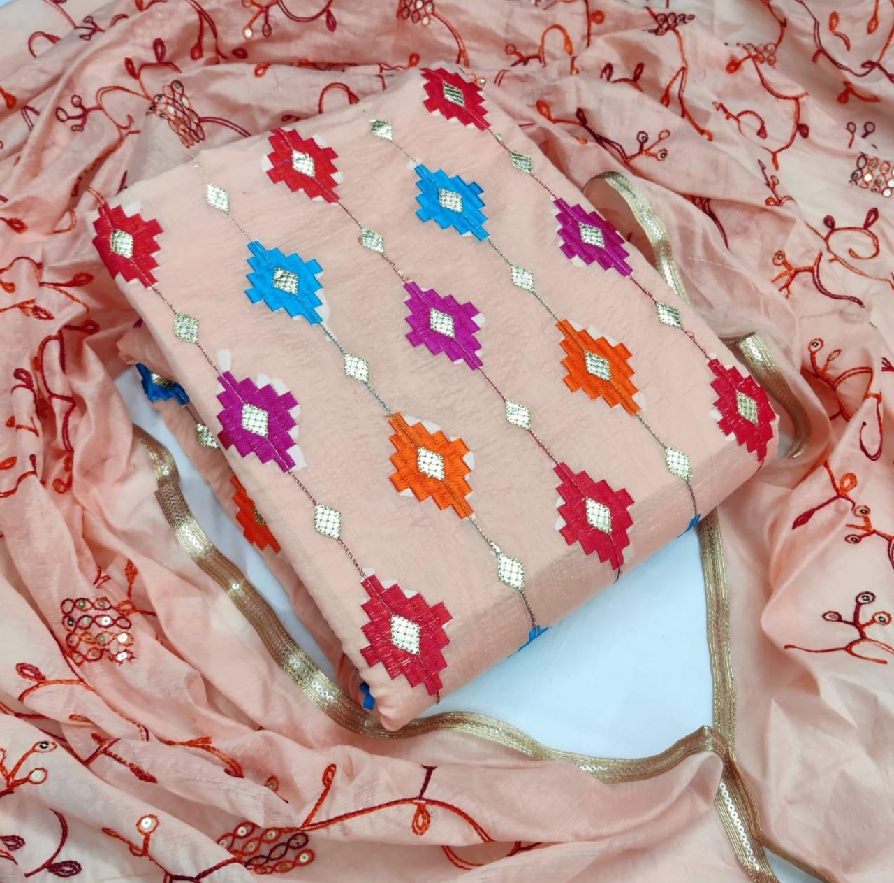 Charming Peach Color Chanderi Sequence Work Casual Wear Salwar Suit