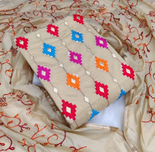 Cream Color Chanderi Pretty Sequence Work Salwar Suit For Ladies