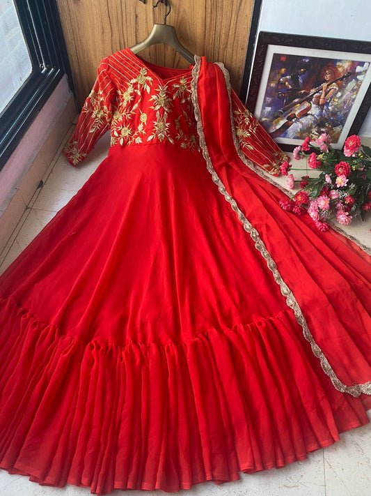 Prodigious Red Color Wedding Wear Embroidered Work Georgette Dupatta Gown