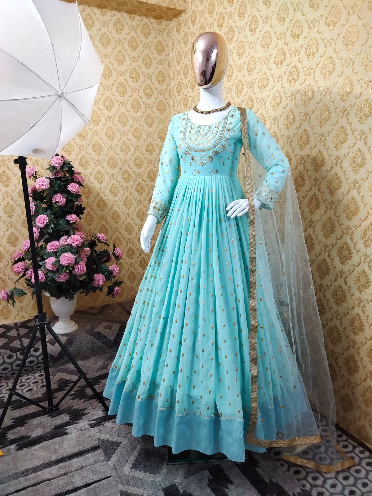 Staggering Blue Color Georgette Embroidered Work Casual Wear Salwar Suit