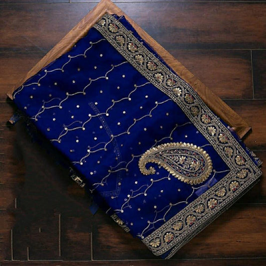 Adorable Royal Blue Color Designer Organza Silk Patch Thread Work Saree Blouse For Women