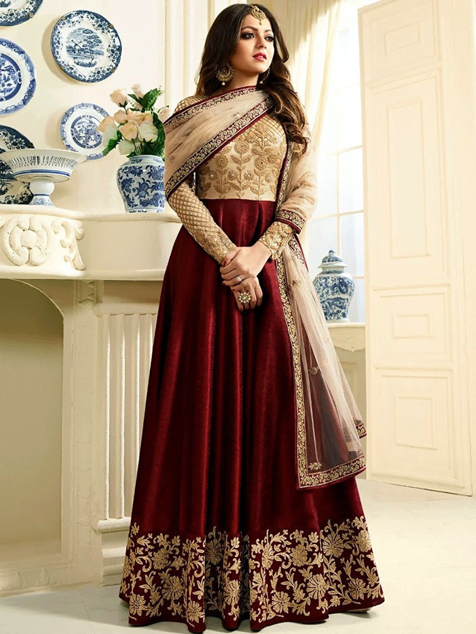 Stunning Designer Mulberry Silk Net Fancy Embroidered Work Anarkali Wedding Wear Salwar Suit