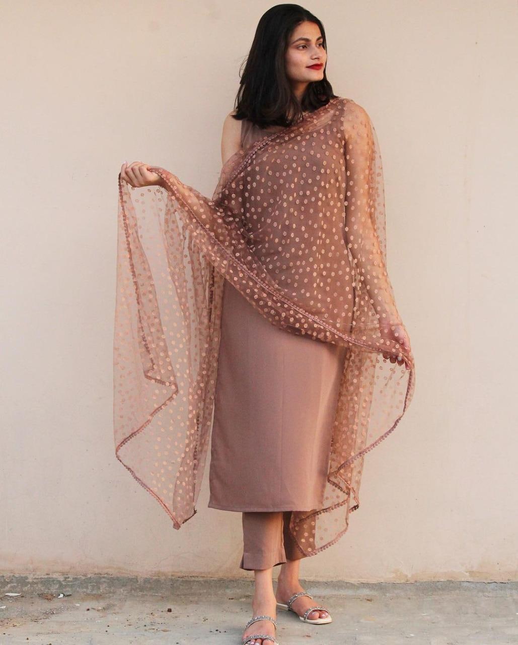 Classic Beige Cotton Silk Full Stitched Salwar Suit With Printed Organza Dupatta