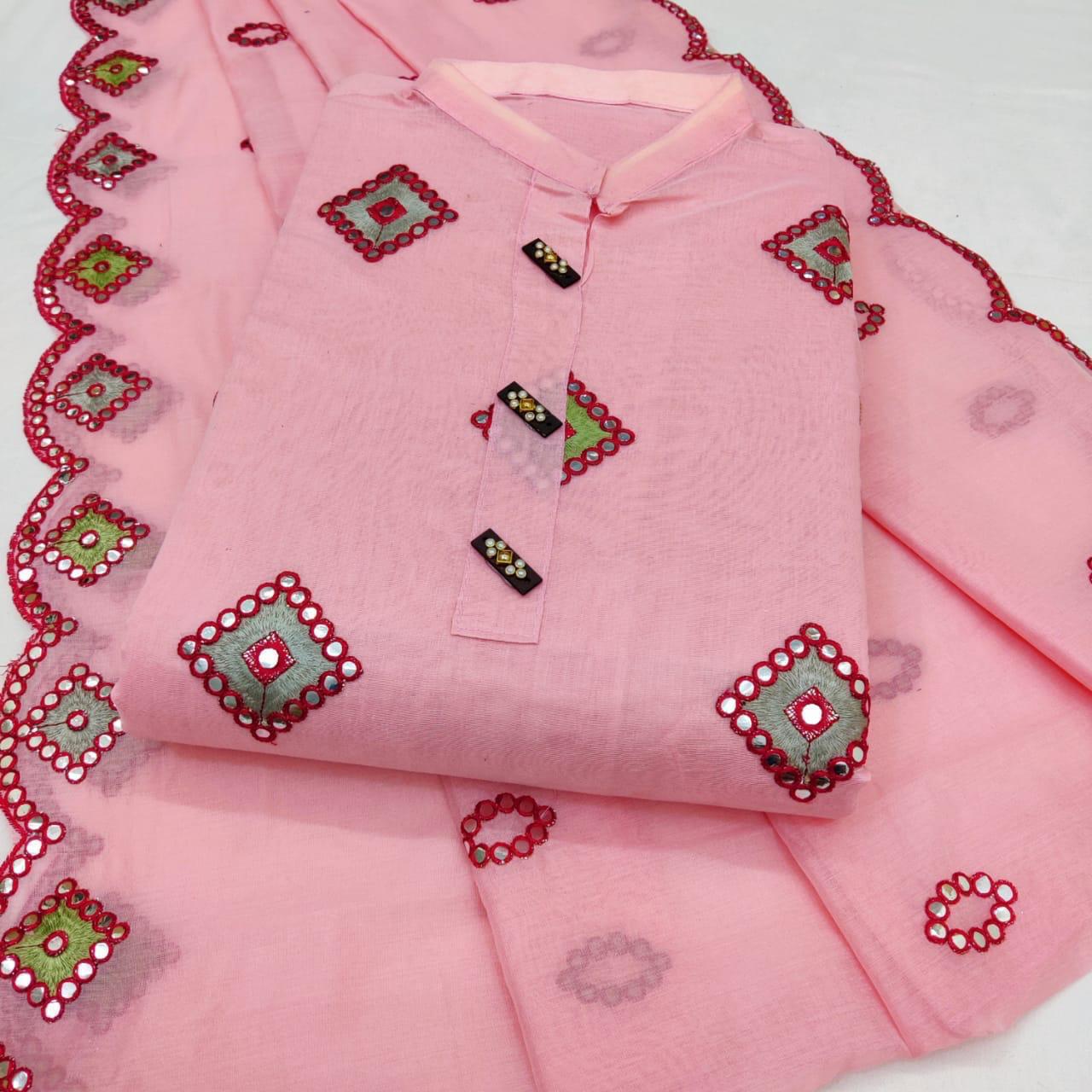 Classic Pink Color Party Wear Semi Modal Chanderi Mirror Multi Foil Work Salwar Suit