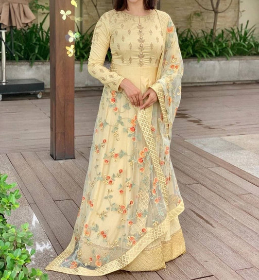 Stylish Cream Color Cotton Designer Embroidered Work Function Wear Salwar Suit