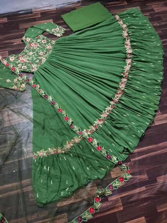 Classic Green Color Wedding Wear Ruffle Georgette Embroidered Work Salwar Suit
