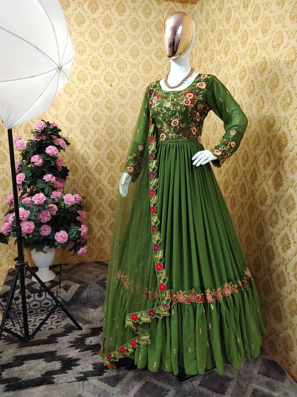 Classic Green Color Wedding Wear Ruffle Georgette Embroidered Work Salwar Suit