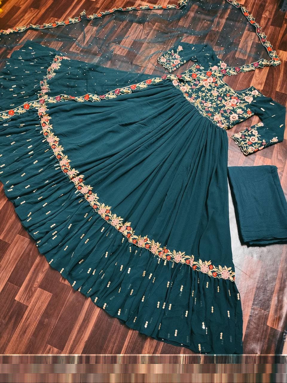 Trendy Rama Blue Color Occasion Wear Georgette Diamond Sequence Work Suit