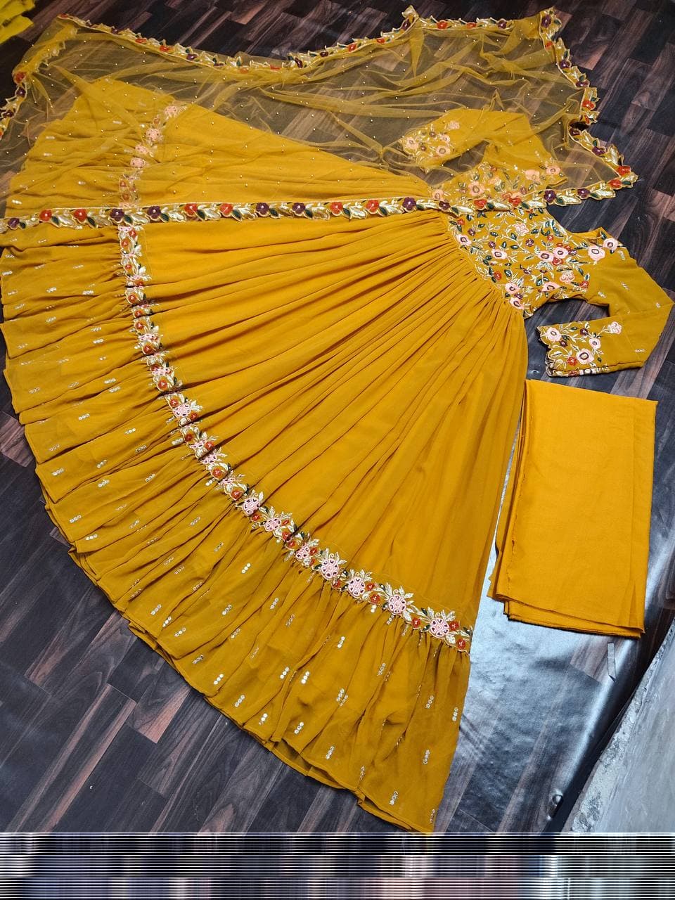 Impressive Mustard Color Georgette Embroidered Diamond Work Salwar Suit