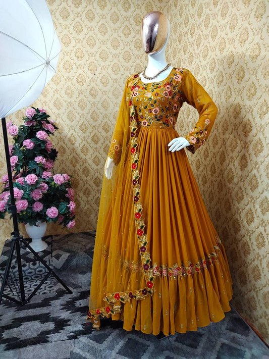 Impressive Mustard Color Georgette Embroidered Diamond Work Salwar Suit