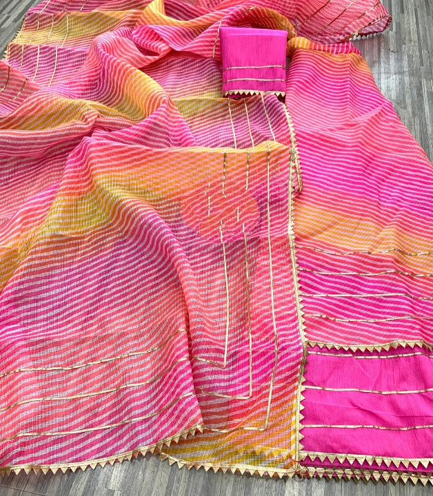 Fabulous Pink Color Kota Lahriya Gotta Patti Work Lehenga Choli For Women
